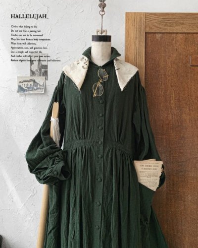 画像1: HALLELUJAH／Chemise a la Reine Robe 王女のローブワンピース・dark green