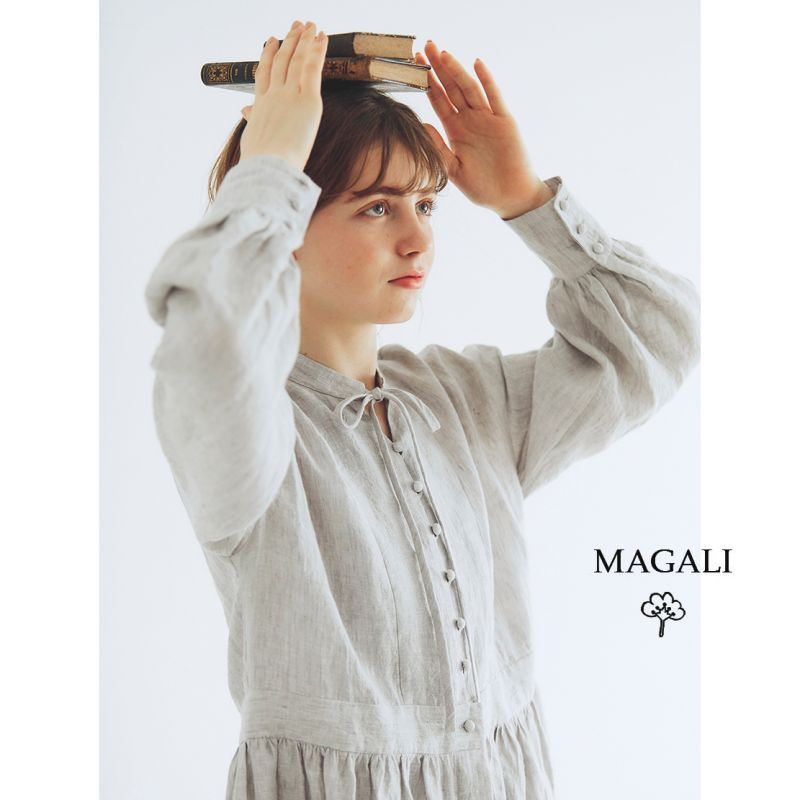 MAGALI /シャンブレーリネン比翼ギャザーワンピース・ライトグレー