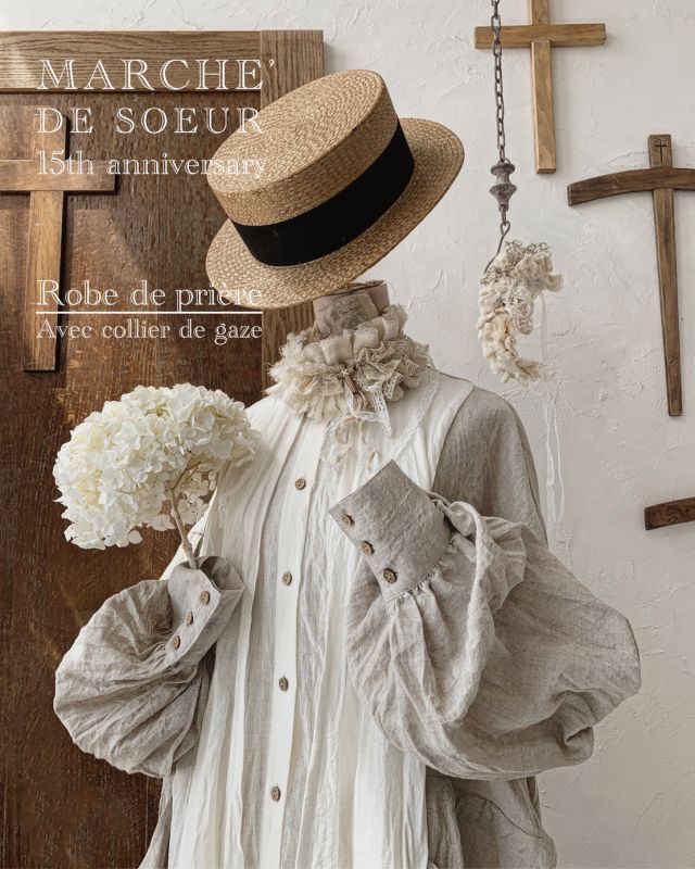 SOEUR／祈りのワンピース+pollenbiencoアンティークレースの首飾り・エクリュ　DE　MARCHE'　SOEUR　DE　MARCHE'