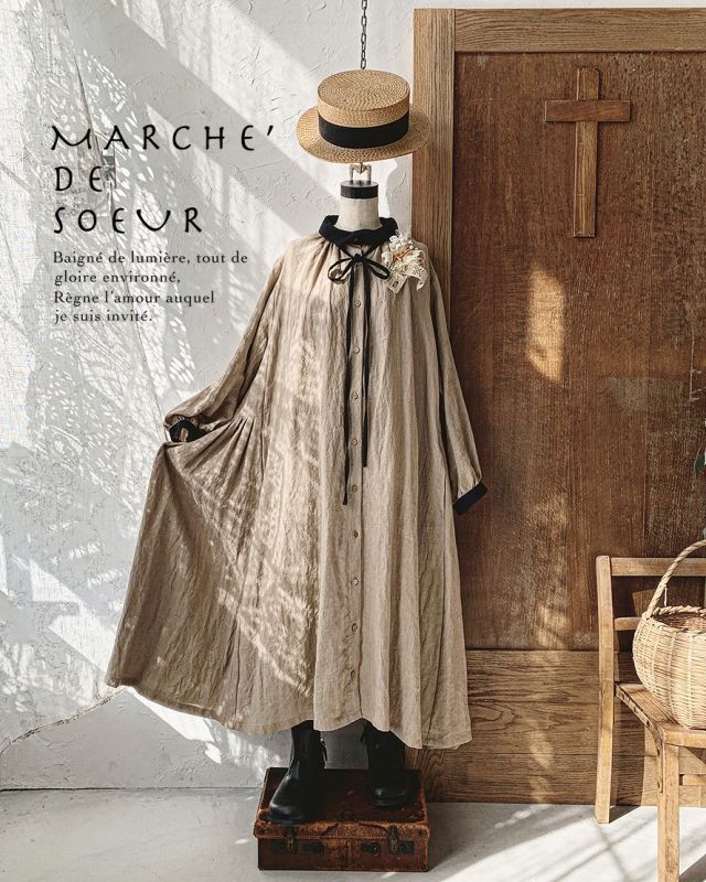 【アンティークレースコサージュ付き】MARCHE' DE SOEUR／アンのリボンワンピース・サンドベージュ