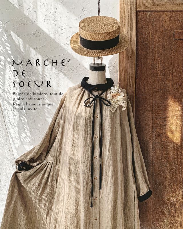 【アンティークレースコサージュ付き】MARCHE' DE SOEUR／アンのリボンワンピース・サンドベージュ